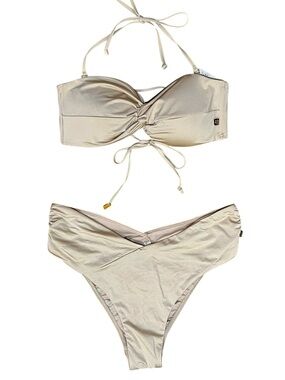 La Vie En Rose Twist Bandeau Halter Bikini Set in Beige Sz M